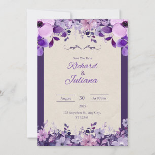 Convite Clássico de Casamento Floral Rosa e Roxo