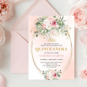 Convite Clássico de Quince Anos Rosa Pastel Dourad