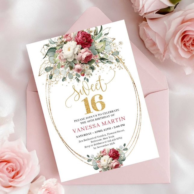 Convite Clássico de Sweet Sixteen Bege Borgonha Br (Classic Blush Burgundy White Sweet Sixteen Invitation)