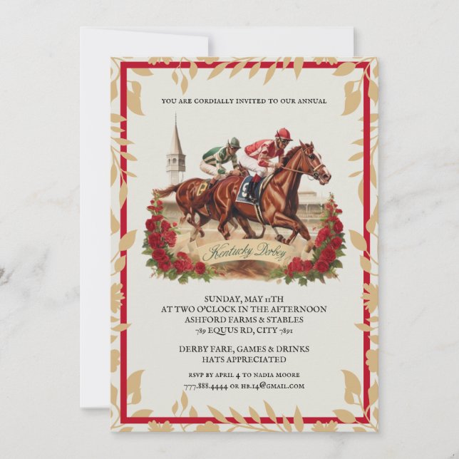 Convite Clássico do Kentucky Derby com Rosas Verme (Frente)