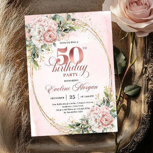 Convite Clássico Luxo Dourado Rosa para 50º Aniver