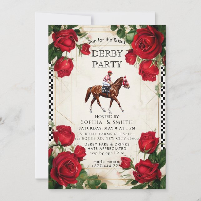 Convite Clássico para Festa do Kentucky Derby Rosa (Frente)