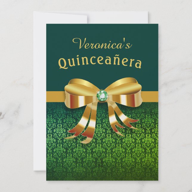 Convite Clássico Verde e Dourado Quinceanera (Verso)