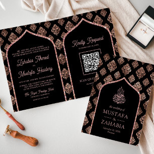 Convite Código QR Arco Damasco Dourado Rosa Negra Casament