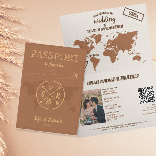 Convite Código QR Boho Passaporte de Destino de Casamento