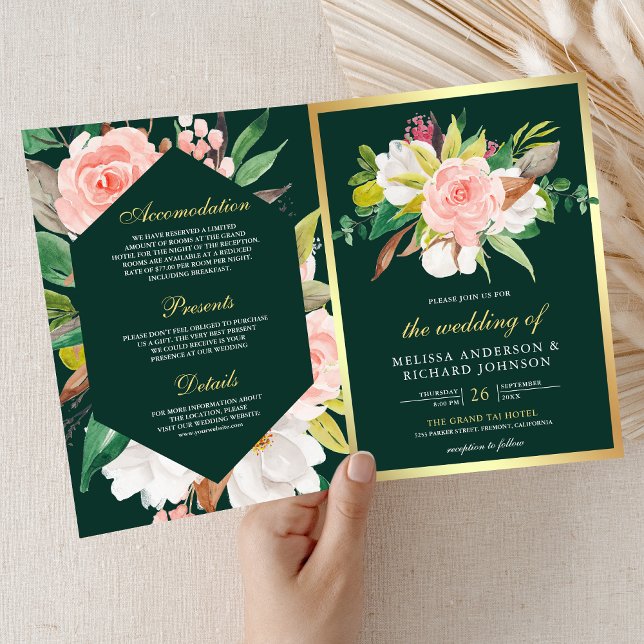 Convite Código QR Casamento Floral Rosa Bege Ouro Esmerald (Criador carregado)