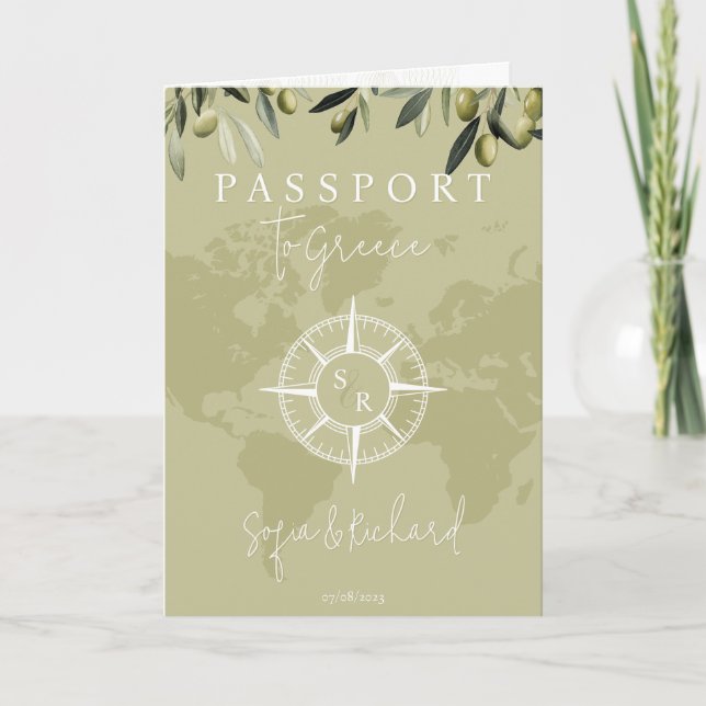 Convite Código QR Casamento Grécia Passaporte Mapa Mundial (Frente)