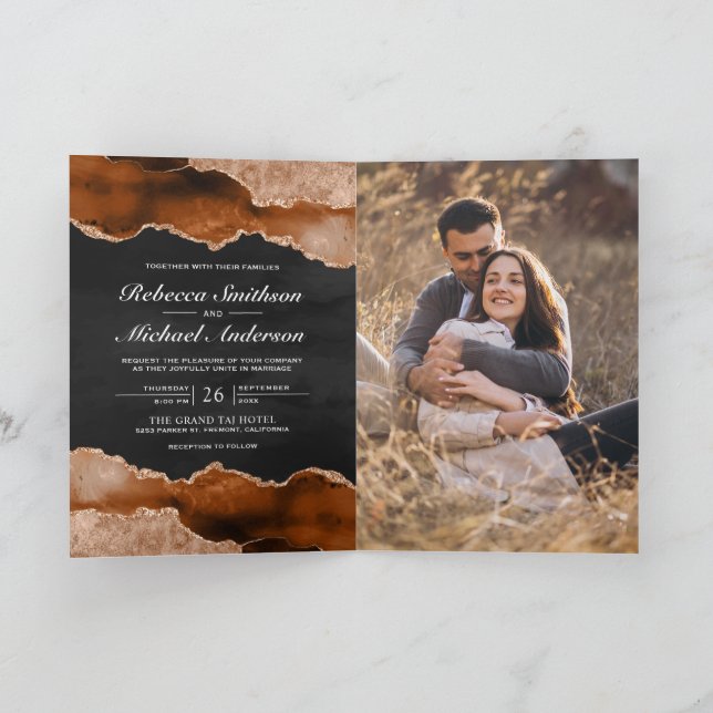 Convite Código QR Casamento Mármore Ágata Laranja Queimada (Interior)