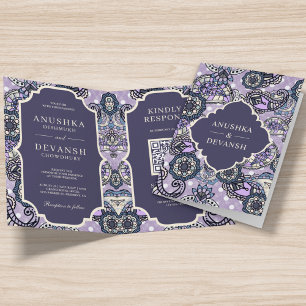 Convite Código QR com Padrão Paisley Roxo para Casamento I