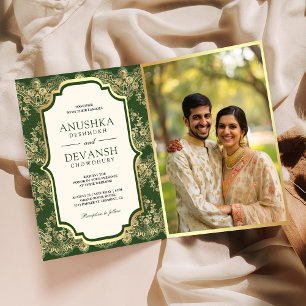 Convite Código QR da Foto Green Gold Lace Casamento Indian
