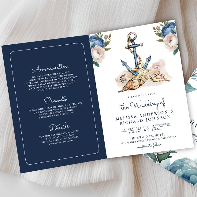 Convite Código QR de casamento âncora floral azul naval aq (Criador carregado)
