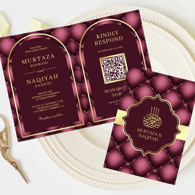 Convite Código QR de casamento muçulmano com padrão tufado (Criador carregado)