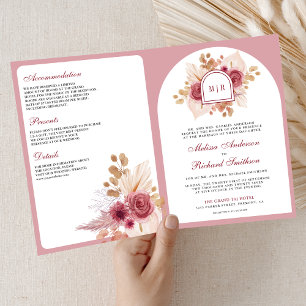 Convite Código QR de Casamento Pampas Floral Rosa Granada