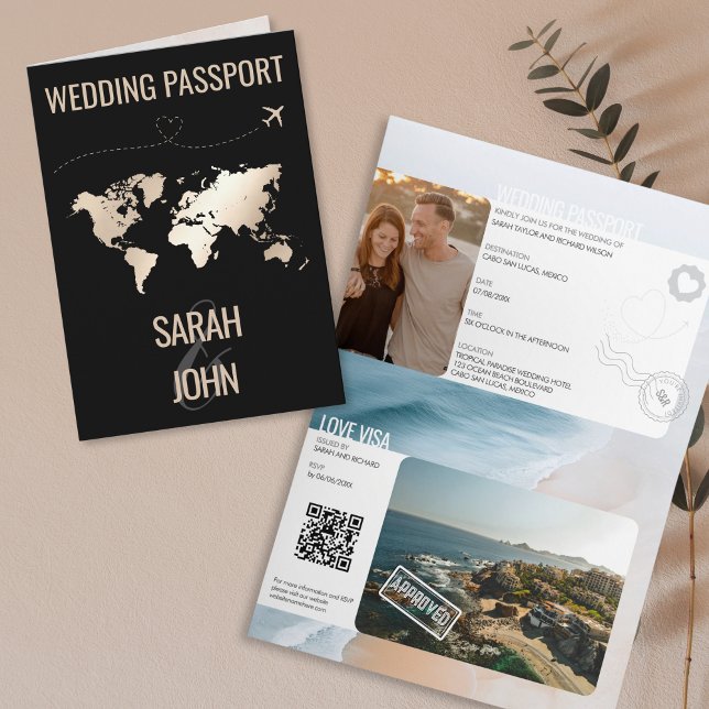 Convite Código QR de Destino de Passaporte Moderno Único (modern passport and visa wedding invitation)