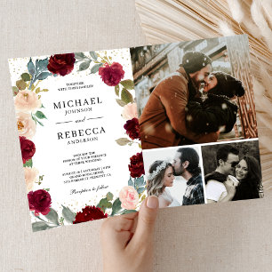 Convite Código QR de Foto Floral de Pêssego Borgonha Casam