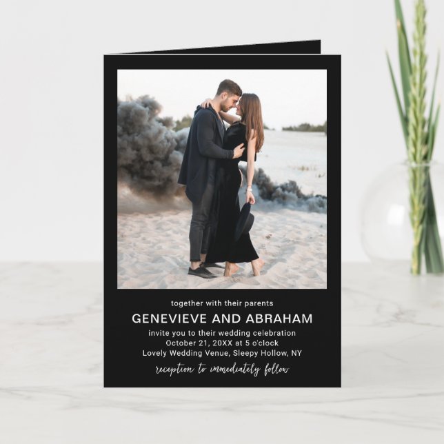 Convite Código QR de Foto Preta Limpa Casamento Moderno (Frente)