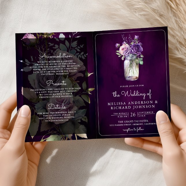 Convite Código QR de Jarra de Mason Floral Roxo Escuro Cas (Criador carregado)