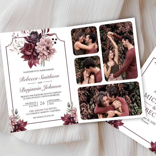 Convite Código QR de Moldura Floral Rosa Poeirento Borgonh (Criador carregado)