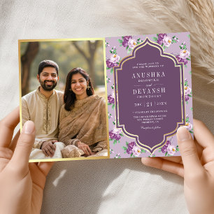 Convite Código QR de Padrão Floral Roxo Casamento Indiano