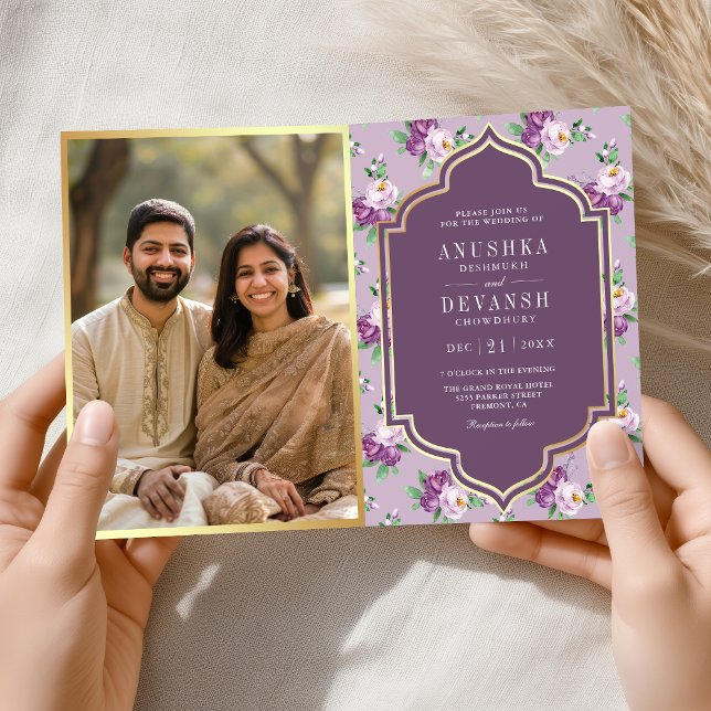 Convite Código QR de Padrão Floral Roxo Casamento Indiano (Criador carregado)