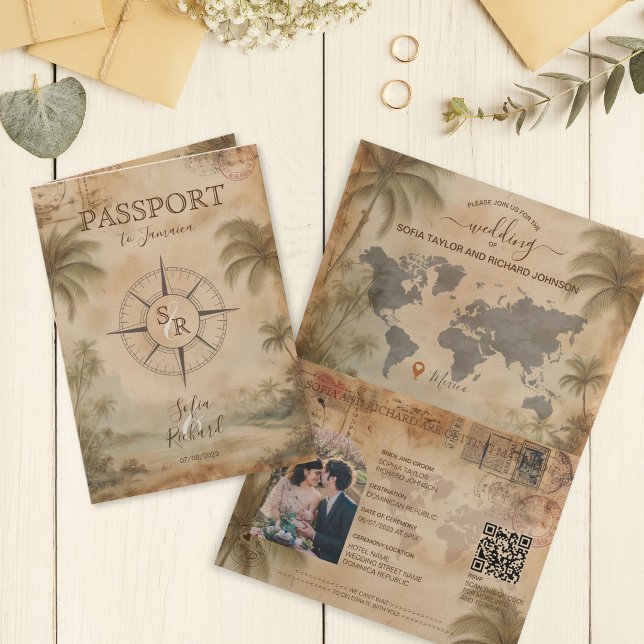 Convite Código QR de Passaporte de Casamento de Destino Vi (Retro Vintage Destination Wedding Passport QR Code Invitation)