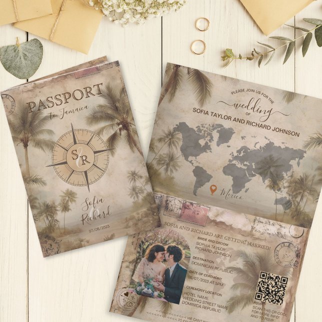 Convite Código QR de Passaporte de Casamento de Destino Vi (Retro Vintage Destination Wedding Passport QR Code Invitation)