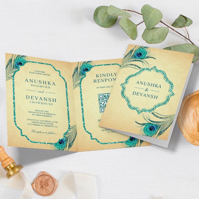 Convite Código QR de Penas de Pavão Azul Casamento Indiano (Criador carregado)
