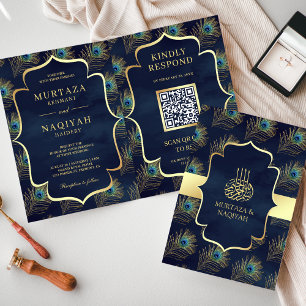 Convite Código QR de Penas de Pavão Azul-Marinho Casamento