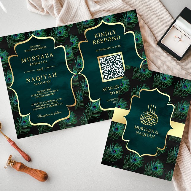 Convite Código QR de Penas de Pavão Preto Verde-Musgo Casa (Criador carregado)