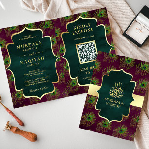 Convite Código QR de Penas de Pavão Verde Ameixa Casamento
