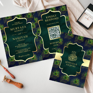 Convite Código QR de Penas de Pavão Verde Azul Casamento M