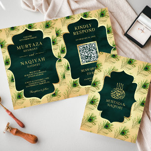 Convite Código QR de Penas de Pavão Vintage para Casamento
