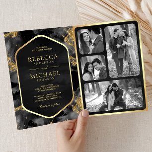 Convite Código QR de Tinta Fluida Abstrata Dourada a Carvã