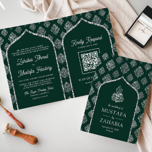 Convite Código QR do Arco Damask Prata Esmeralda Casamento