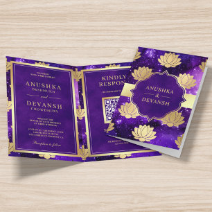 Convite Código QR do Lótus Dourado da Galáxia Roxa Casamen