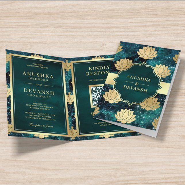 Convite Código QR do Lótus Dourado da Galáxia Verde Casame (Criador carregado)