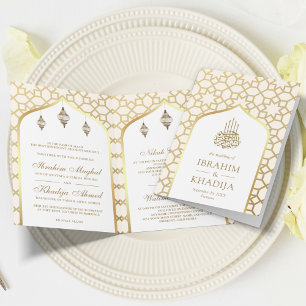 Convite Código QR do padrão islâmico Cream Gold Casamento 