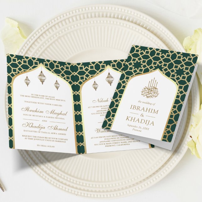 Convite Código QR do padrão islâmico Green Gold Casamento  (Criador carregado)