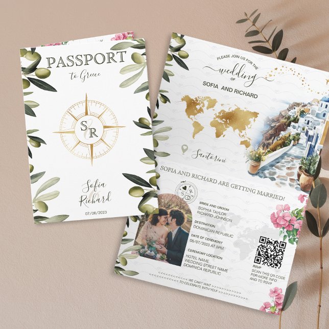 Convite Código QR do Passaporte de Casamento de Destino de (greece passport wedding invitation with olive branches and santorini watercolor illustration)