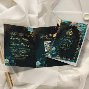 Convite Código QR Floral Dourado em Azul Teal para Casamen