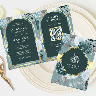 Convite Código QR Floral Maresia Verde-azulado Escuro Casa