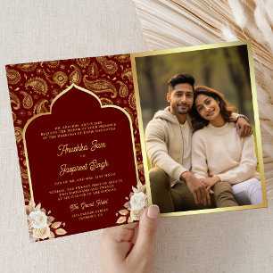 Convite Código QR Floral Paisley Dourado Vermelho Casament