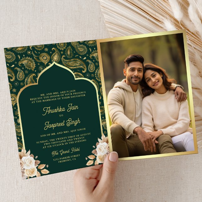 Convite Código QR Floral Paisley Ouro Esmeralda Casamento  (Inside)
