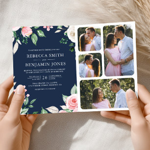 Convite Código QR Floral Rosa Bege Azul Marinho Casamento