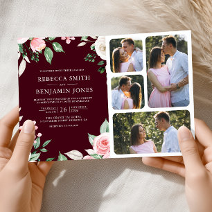 Convite Código QR Floral Rosa Bege Casamento Borgonha