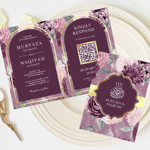 Convite Código QR Floral Roxo Bege Casamento Muçulmano