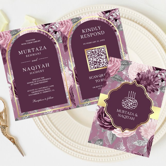 Convite Código QR Floral Roxo Bege Casamento Muçulmano (Criador carregado)