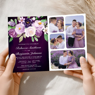 Convite Código QR Floral Roxo de Berinjela Casamento Sombr