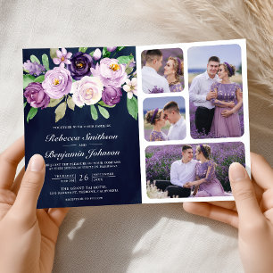 Convite Código QR Floral Roxo Rústico Casamento Azul Marin