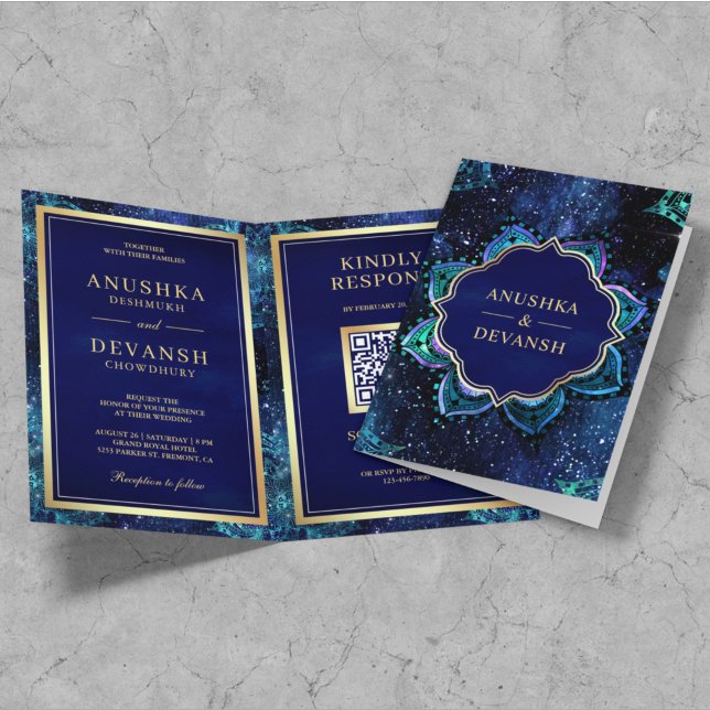 Convite Código QR Mandala da Galáxia Azul Real Casamento I (Criador carregado)